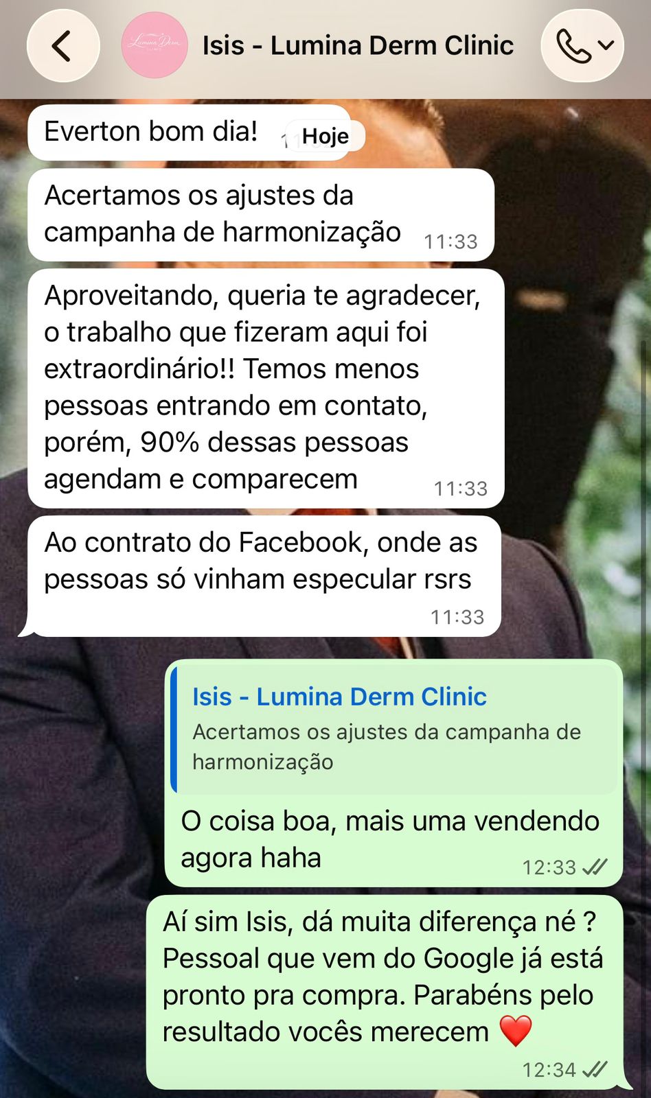 Depoimento WhatsApp — Isis — Lumina Derm Clinic